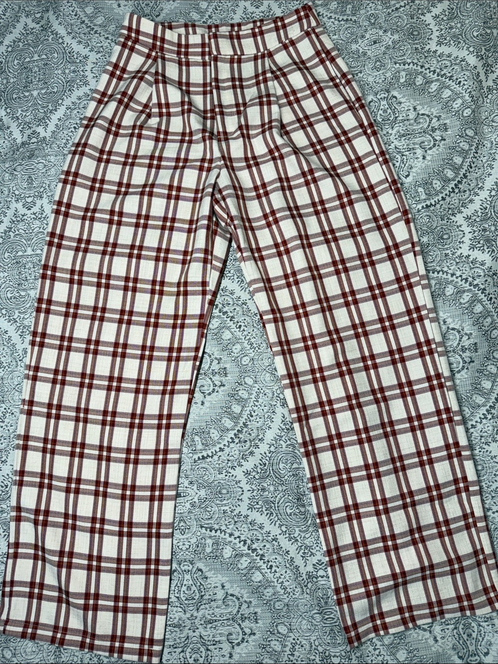 Plaid Straight-Leg Pants - Cream and Burgundy - Shein - Size Medium